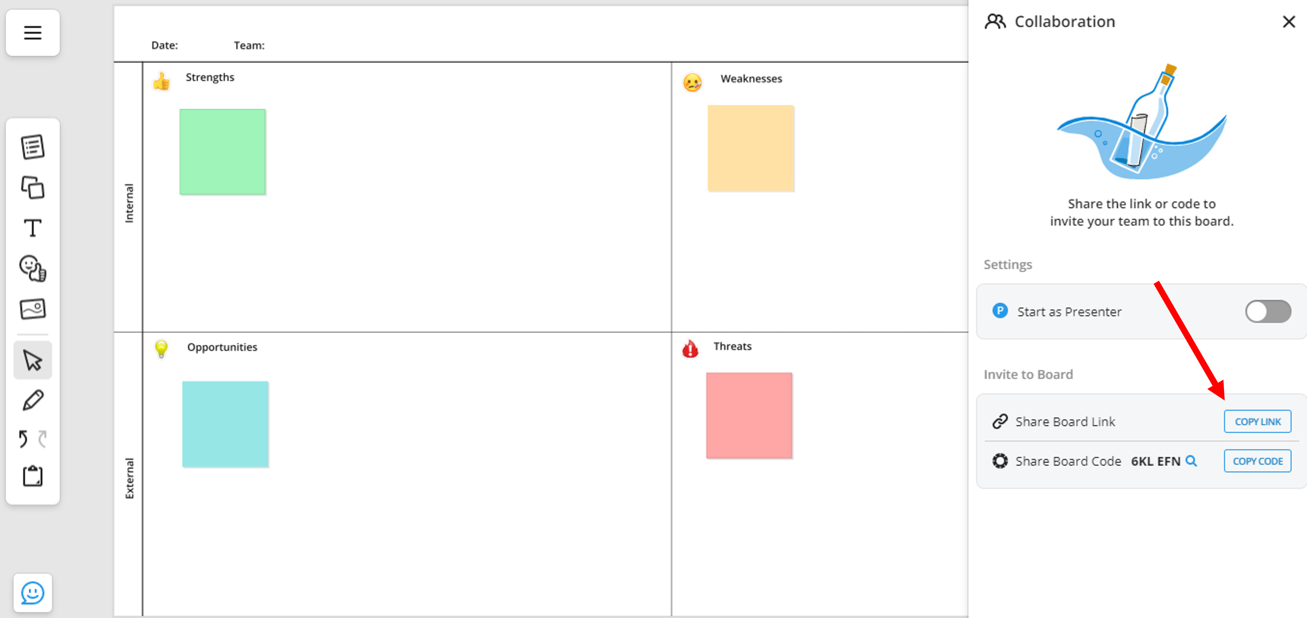 Online whiteboard SWOT how  to invite using code