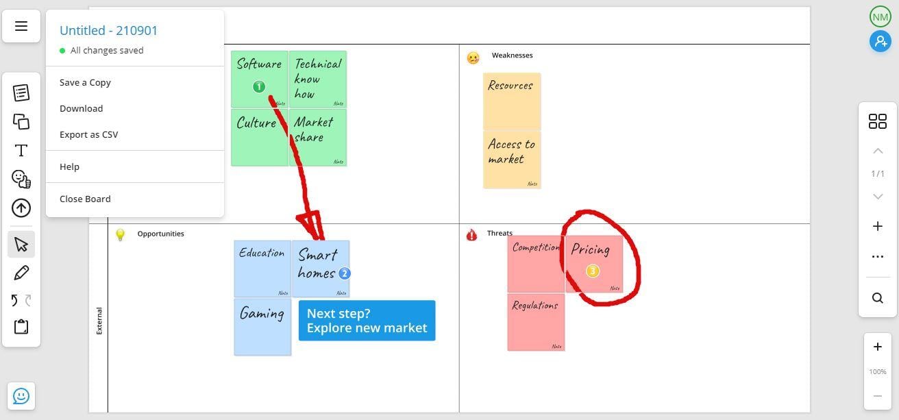 Free online whiteboard SWOT save and share