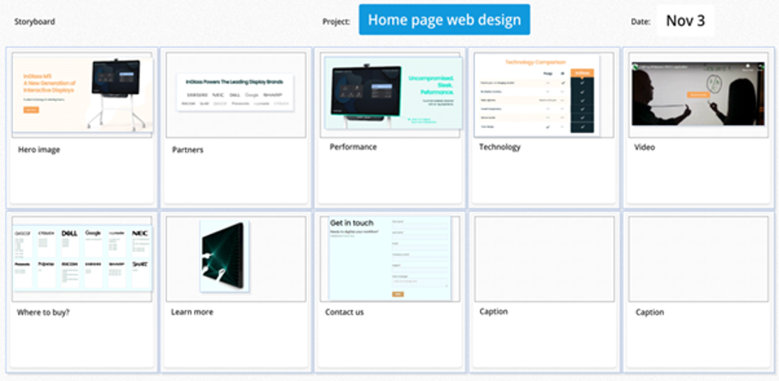 Populated storyboard digital whiteboard 